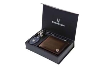WildHorn Leather Wallet, Keychain & Pen Combo I Gift Hamper for Men (Brown Crunch)