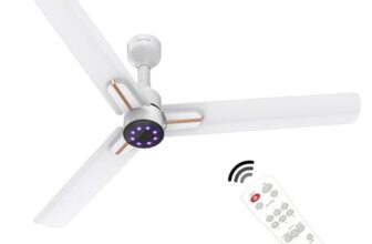 POLYCAB Wizzy Neo LED 1200mm 5-Star BLDC, Remote Ceiling fan for Living Room | 8 Purple LED Speed Indicator | 55% Energy Saving, High Air Delivery, 25 Speed Control | 4-yr Warranty【White Rose Gold】