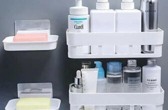 KYASO Pack of 4 Wall Mount Bathroom Shelf and Soap Rack for Home and Kitchen. Adhesive Sticker Support Without Drilling. (2 Bathroom Shelf + 2 Soap Dish, White Color)(White)