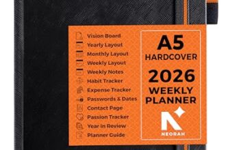 NEORAH — A5 Dated WEEKLY Planner 2026 ACCOMPLISH—264 Pages of Yearly |12 Month | 52 Week+24 Hours + Notes pages for each week—Office Diary Academic diary – Hardcover [Pen Loop Attachable] (BLACK ONYX)
