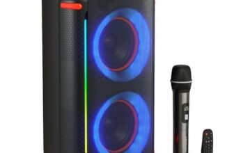 Portronics Iron Beats IV 250W Party Speaker with Dual 6″ Subwoofer, Upto 4 Hours Playtime, RGB LED Lights, Wireless Karaoke Mic, Treble/Bass Adjustment, Echo Control, Remote Control(Black)