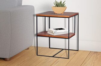 Amazon Brand – Solimo Gunay Durable Square Side Table, with 2 Storage Shelves (Mango Wood and Metal with Honey Finish)