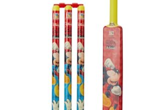 Amazon Brand – Jam and Honey Mickey Mouse Premium Cricket Set with Bat, Stumps, Bails, Ball & Holder | Indoor & Outdoor Play | BIS Certified | Ideal Birthday Gift for Boys & Girls | Multicolour