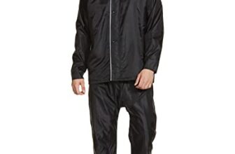 Amazon Brand – Symactive Polyester Raincoat with Jacket, Pants, Hood & Carry Bag (Unisex, Black, L) | 76.2 x 63.5 x 2.5 Cms