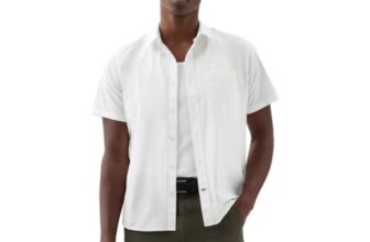 GAP Men Striped Short Sleeve Poplin Shirt, White, L
