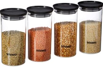 Amazon Brand – Solimo Plastic Storage Jar and Container Set I Air Tight & BPA Free Containers For Kitchen Storage Set I Grocery Kitchen Container Set I Multipurpose Jar, 1400 Ml Each, Set 4, Black