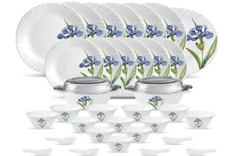 La Opala Diva Classique Collection Opal Glass Crockery | for Family of 6 | Dinner Set 35 pcs Royal Iris | Plates & Bowls for Dining | Microwave Safe | 100% Vegetarian | Extra Strong | White