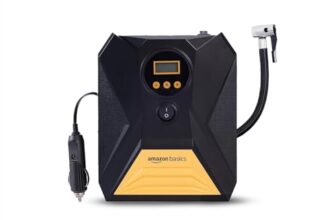Amazon Basics Portable DC Digital Tyre Inflator 12V, 150 PSI with Digital Pressure Gauge and LED Light