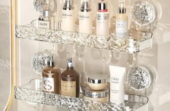 ZOCKRIX Wall Mounted Bathroom Storage Rack with Suction Cups – Double Shelf with Hooks – Transparent & Patterned Front Design (2)