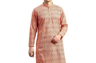 AMODH BY KISAH Cotton Blend Rose Pink Kurta for Men, Full Sleaves, Knee Length, Straight, Regular Fit, Mandarin Collar, Geometric Embroidered Mirror Work Ethnic Casual