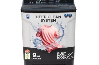 Midea 9 Kg 5 Star Semi Automatic Top-Load Washing Machine Black White (MWMSA090SAPPG(KW), Rat Away Feature, Air Jet Dry IPX4 Protection)