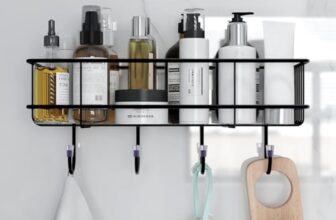 Trendy Home Self Adhesive Bathroom Organiser, Drill-Free Metal Wall Rack with 7-Layer Black Powder Coated Matte Finish, Magic Sticker Bathroom Storage Shelf with 4 Hooks, Rust-Proof Wall Organizer