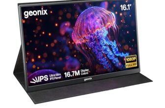 GEONIX 16.1″ Portable Monitor Full HD 1080p IPS Display, 300 Nits, Ultra Slim with Foldable Cover Stand, USB-C & Mini HDMI, Dual Speakers for Laptop, Phone, Tablet, Projector (Black) 1 Year Warranty