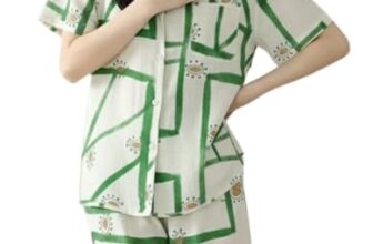 SMOWKLY Women Korean Printed Shorts Pajama Set Cotton Nightwear Shirt & Shorts Co-Ord Set Ladies Summer Sleepwear Soft Lounge Wear Button Down Beach Wear Set(1664_GRN_XL)