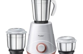 Prestige 500W Nexus Mixer Grinder with 3 Stainless Steel jars|1200ml Wet Jar,800ml dry jar, 400ml chutney jar|3 Super-efficient Blades|3 motor setting|Sturdy Handles |2 Yrs Warranty|White & Rose Gold