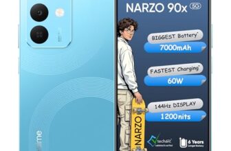 realme NARZO 90x 5G (Aqua Blue,4GB+128GB) | 7000mAh + 60W Biggest Battery & Fastest Charging in The Segment* | 144Hz Bright Display | Sony 50MP AI Rear Camera | AI Assist | 400% Ultra Boom Speaker