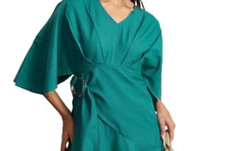 Tokyo Talkies Teal Flared Sleeves V-Neck Wrap Dress
