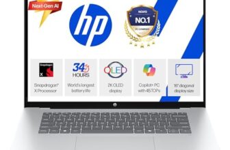 HP Omnibook 5 OLED (Previously Pavilion), Snapdragon X Processor (16GB LPDDR5x,1TB SSD) 2K OLED,16”/40.6cm, Win11, M365*Office24, Glacier Silver, 1.59kg, fb0001QU, Backlit, Next-Gen AI Laptop