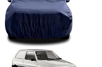 Sulfar 100% Water Resistant Car Body Cover Compatible with Mirror for Fiat Uno (Triple Stitched, Full Bottom Elastic, Navy Blue)