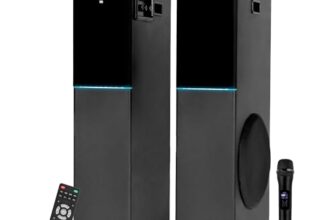 GIZMORE DT11500 120W Dual Tower Wooden Speaker with UHF Wireless MIC, Digital LED Display & RGB Lights, Volume & Bass Control, Karaoke and Party Speaker with Multiple Connectivity