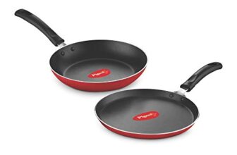 Pigeon Aluminium Nonstick Duo Pack Flat Tawa 250 and Fry Pan 200 Gift Set (Red)