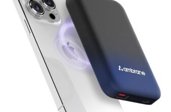 Ambrane Magsafe Wireless 10000Mah Fast Charging USB Type-C Input Power Bank, Strong Magnet, 22.5W Output For iPhone 12 & Above, Android & Other Qi Enabled Devices + Magnetic Ring (Aerosync Snap, Blue)