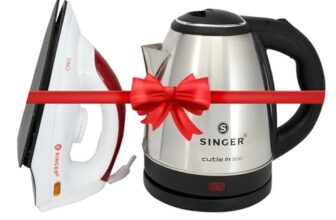 SINGER Dry Iron (1000W) with Teflon Coated Soleplate & 1.5L Stainless Steel Kettle (1350W) Combo Pack | Thermostat Control | Overheat Protection | Cool Touch Body | Home & Kitchen Appliance Set