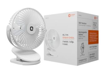 Orient Electric Orbis Rechargeable Personal Fan | 360° Rotation | 1800 mAh Battery | 4 Speed Modes with Timer | Quiet Operation | USB Type-C Charging | Clip-On Mini Fan (White)