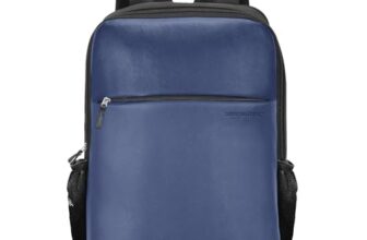 amazon basics Chairman 24L 4 Compartment Backpack|Padded Laptop Sleeve for 14″ Devices |Water-Resistant Polyester & Vegan Leather|Multiple Compartments & Organizer|Trolley Handle Pass-Through (Blue)