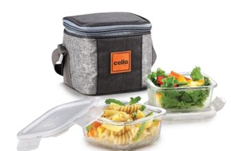 CELLO Glassy Square Lunch Box Set of 2 Pcs (320ml x 2) with Jacket For Office, Transparent | Microwave Safe Leadfree Toughened Glass, Airtight Leakproof Adjustable Carry Strap Tiffin Box For Daily Use