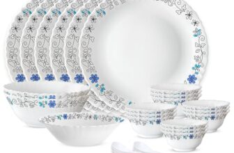 Larah by Borosil Silk Series Blue Iris Opalware Dinner Set | 27 Pieces for Family of 6 | Microwave & Dishwasher Safe | Bone-Ash Free | Crockery Set for Dining & Gifting | Plates & Bowls | White