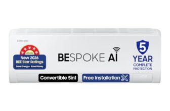 Samsung 1 Ton 5 Star Bespoke AI Inverter Smart Split AC (2026 Model, WiFi, Energy Saving, Voice Control, Powerful Cooling, Copper, Digital Inverter, 4 Way swing, 5 Step Convertible, AR50H12D1ZHNNA)