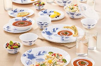 Larah By Borosil Morning Glory Silk Series Opalware Dinner Set With Glasses 35 Pcs For Family of 6, Microwave & Dishwasher Safe, Bone-Ash Free, Crockery Set For Dining & Gifting, Plates & Bowls, White