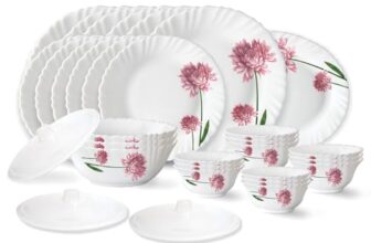 Larah by Borosil Nargis Fluted Series Opalware Dinner Set | 31 Pieces for Family of 6 | Microwave & Dishwasher Safe | Bone-Ash Free | Crockery Set for Dining & Gifting | Plates & Bowls | White