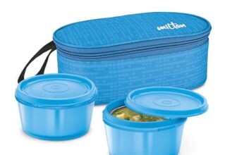 MILTON Graze Lunch Box, 2 Round Inner Steel Microwave Safe Containers 320 ml Each with Insulated Bag, Odour Proof, Tiffin for Office Men, Women, Leak-Proof Containers, Easy to Carry, Blue