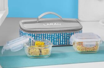 Larah Glassware Vogue Borosilicate Glass Lunchbox with Bag | 2pc Square Container (320ml Each), Horizontal | Microwave & Dishwasher Safe, Leakproof | Tiffin for Office, School, College | Blue