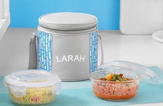 Larah Glassware Vogue Borosilicate Glass Lunchbox with Bag | 2pc Round Container (400 ml Each), Vertical | Microwave & Dishwasher Safe, Leakproof | Tiffin for Office, School, College | Blue