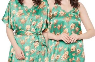 Clovia Women’s Satin Printed Short Night Dress & Robe (NS1502P17_Green_L)