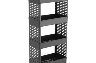 UniqSkins – 4-Layer Plastic Storage Rack, Heavy-Duty PP Material, Matte Black, 28x25x43 cm, Open Shelf Design with Wheels, Tool-Free Assembly