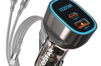 COSTAR 95W Car Charger Fast Charging for Laptop with Dual Ports, Type-C QC 65W+ USB PD 30W, Compatible with Laptop, Tablets, Mobile and Others, Car Mobile Charger with 2 in 1 100W Fast Charging Cable