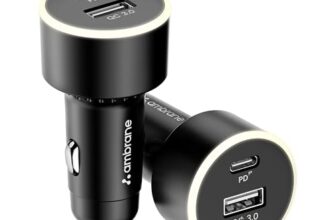 Ambrane 85W Car Charger, Mobile & Laptop Charging (MacBook & Type C Laptops), Glowing Light, Dual Port Fast Charging, 65W Type C PD, 20W USB for iPhone, Android, iPad & Other Devices (Black, C85R)