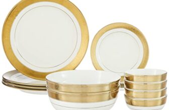 Amazon Brand – Solimo Ceramic 14 Piece Premium Dinner Set | 4 Dinner Plates, 4 Quarter Plates, 2 Large Bowls & 4 Small Bowls | Golden Strip – Floral