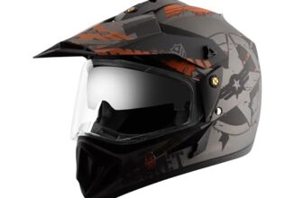 Vega Off Road Secret ISI Certified Matt Finish Full Face Dual Visor with Peak Helmet for Men and Women Outer Clear Visor and Inner Smoke Sun Visor(Dull Anthracite Black, Size:M)