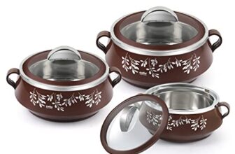 CELLO Glitter Casserole with Inner Steel | Insulated Stainless Steel Inner Body Casserole Set for Meal| chapati| Curry| roti, 3 Unit, Brown