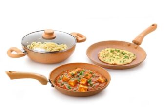 Crystal Marbo Plus Induction Bottom 4 Pc Nonstick cookware Set | Tawa 250 mm + Fry Pan 225 mm + Kadai 225 with Glass Lid | Thickness: 3mm | 5 Layer Coating | Metal Spoon Friendly | Colour – Sandalwood