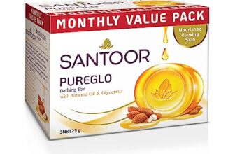 Santoor PureGlo Glycerine Soap with Almond Oil and Glycerine, 125g for Nourished Glowing Skin