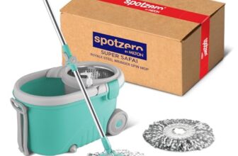 Spotzero by Milton Royale Stainless Steel Wringer Spin Mop with Big Wheel and Puller Handle, Bucket Floor Cleaning and Mopping System 360° Flexible,2 Microfiber Refills, Big Size, Aqua Green