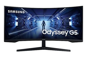 Samsung 34″(86.42cm) Odyssey G5 Curved Gaming Monitor|WQHD 3440 x 1440|1000R|165Hz|1ms|21:9|Wall Mountable|FreeSync Premium|Ports-DP, HDMI, Headphone|DP Cable|Eye-Saver|LC34G55TWWWXXL|Black