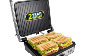 iBELL SM1320G Sandwich Maker Grill and Toast Electric, 2000W, Big Size Fits 4 Bread Slices, Thermostat Knob (Silver, 34 x 34 x 12 cm)