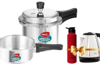 Pigeon Aluminium By Stovekraft 12708 Pressure Cooker Combo, Outer Lid, Without Induction Base (2 Litre And 3 Litre, Silver) & 1.5 Litre Hot Kettle And Water Bottle Combo (Silver)